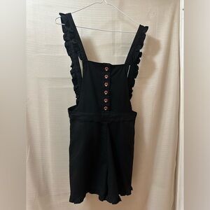 Hot Topic Black Ruffle Overall Adjustable Romper Mushroom Buttons Women’s Small
